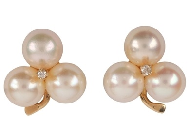 A pair of 14ct gold whole pearl and diamond clover earrings,...