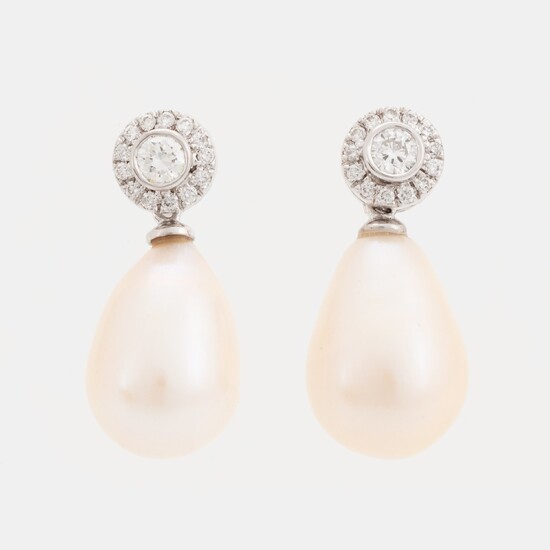 A pair of 18K white gold and cultured pearl earrings set with round brilliant-cut diamonds