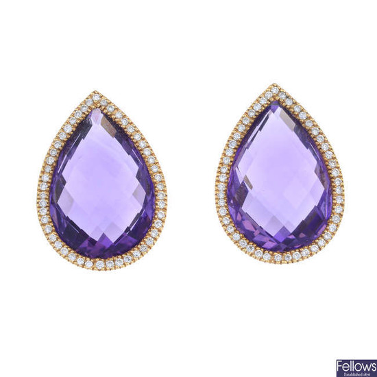 A pair of 18ct gold amethyst and brilliant-cut diamond earrings.