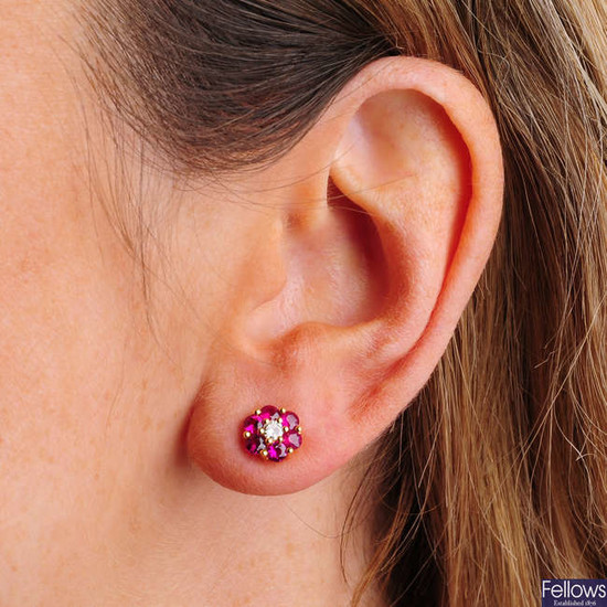 A pair of 18ct gold ruby and diamond earrings.