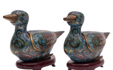 A pair of Chinese cloisonne duck censers and covers decorate...
