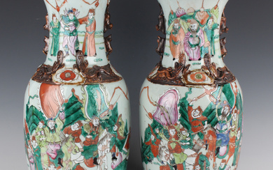 A pair of Chinese famille verte decorated porcelain vases, early 20th century, each ovoid body and f