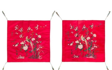 A pair of Chinese red-ground embroidered 'floral and birds' pillow covers, Republic period