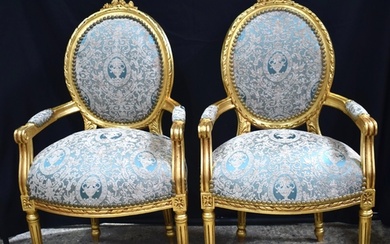A pair of French style gilt wood upholstered armchairs 104 x...