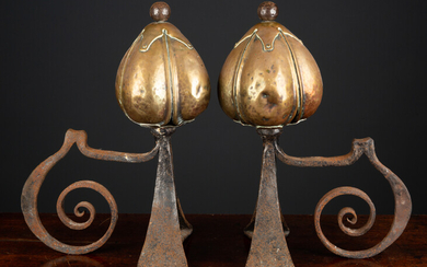 A pair of Victorian brass and steel art nouveau andirons...