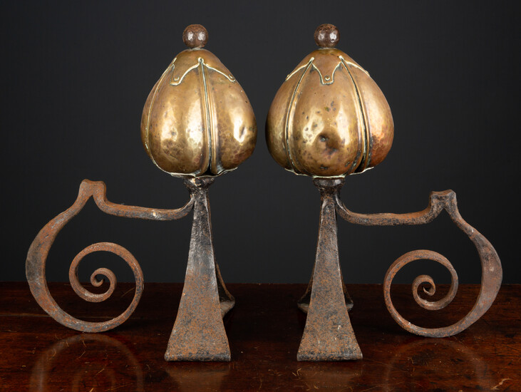 A pair of Victorian brass and steel art nouveau andirons...