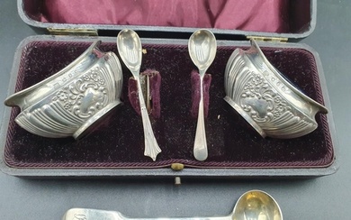 A pair of Victorian silver oval Salts with embossed design, ...