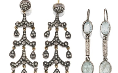 A pair of aquamarine and diamond earrings and a pair of diamond chandelier drop earrings, the first designed as an oval collet-set aquamarine drop to matching suspension with diamond five stone bar connecting link, length including hooks; and a...