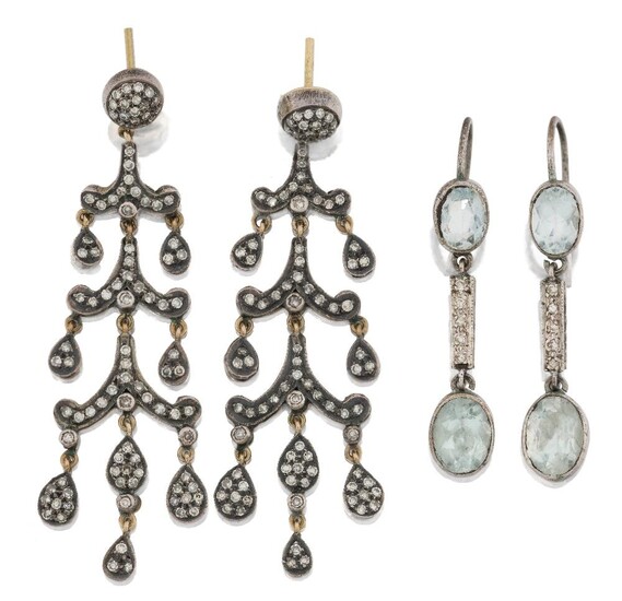 A pair of aquamarine and diamond earrings and a pair of diamond chandelier drop earrings, the first designed as an oval collet-set aquamarine drop to matching suspension with diamond five stone bar connecting link, length including hooks; and a...