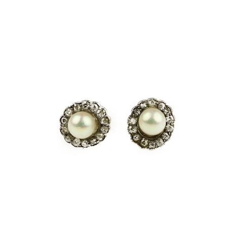 A pair of cultured pearl and diamond cluster ear studs