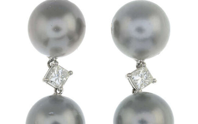A pair of cultured pearl and square-cut diamond drop earrings.