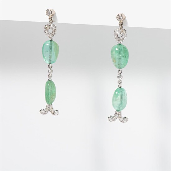 (-), A pair of diamond and emerald earrings...