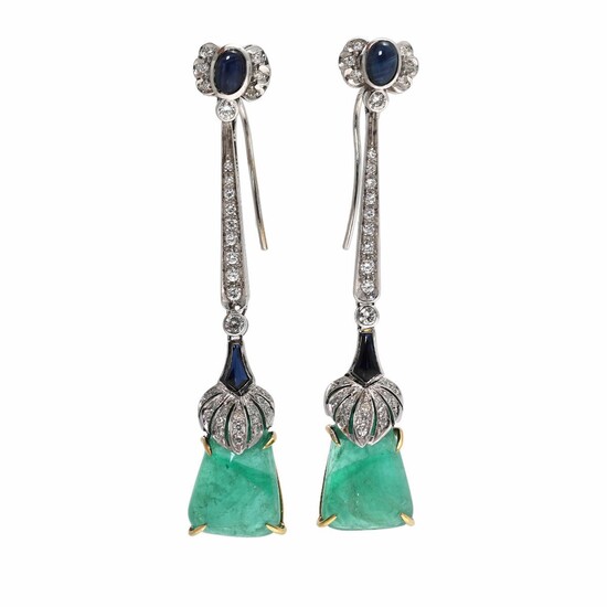NOT SOLD. A pair of ear pendants each set with an emerald, two sapphires and numerous diamonds, mounted in 18k white gold. L. app. 16.5 cm. (2) – Bruun Rasmussen Auctioneers of Fine Art