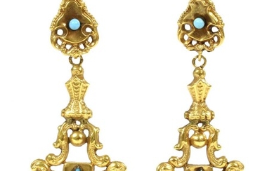 A pair of early Victorian gold repoussé rococo-style drop earrings