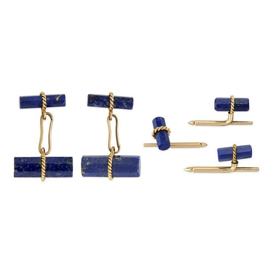 A pair of fourteen karat gold and lapis lazuli cufflink