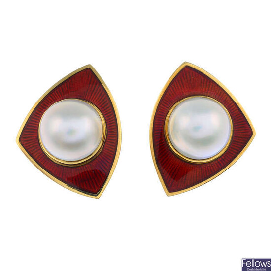 A pair of mabe pearl and red enamel earrings, by de Vroomen.