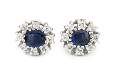 A pair of sapphire and diamond cluster ear studs, each...