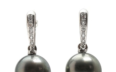 A pair of tahiti and diamond ear pendants each set with tahiti...
