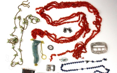 A selection of jewellery, including a long strand of unteste...