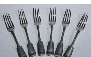A set of six early Victorian silver table forks, Elizabeth E...