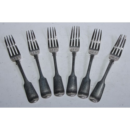 A set of six early Victorian silver table forks, Elizabeth E...