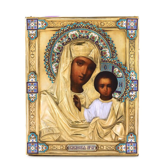 A silver-gilt and cloisonné enamel icon of the Kazan Mother of God, Semyon Galkin, Moscow, 1893