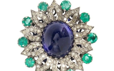 A synthetic sapphire, diamond and emerald ring
