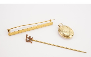 A yellow gold Arabic engraved brooch, along with a tie pin a...