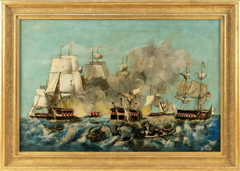 AMERICAN SCHOOL, 19th Century, Battle of Lake Erie, 1813., Oil on canvas, 24" x 36". Framed 30" x 43".
