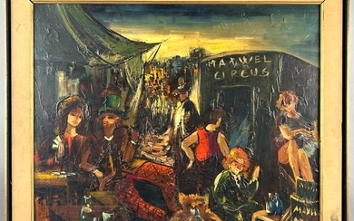 AMERICAN SCHOOL (Mid-20th Century,), "Maxwel Circus"., Oil on canvas, 24" x 28". Framed 28.5" x
