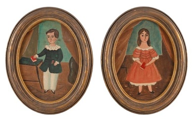 AMERICAN SCHOOL (Mid-20th Century,), Pair of folk art portraits:, Oils on board, 12" x 9". Framed