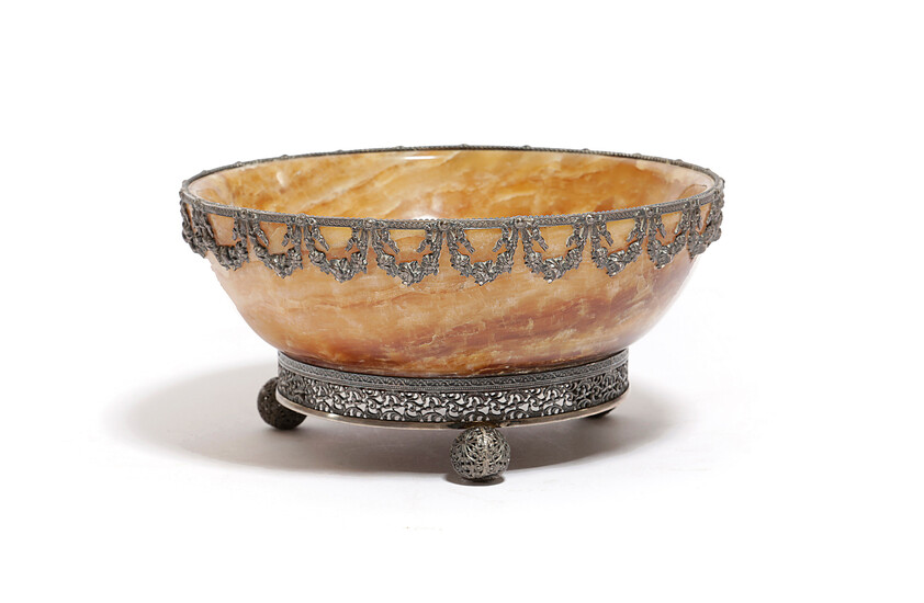AN ALABASTER FIORITO AND SILVER MOUNTED BOWL