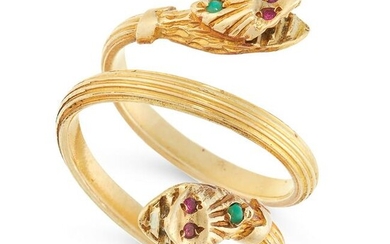 AN ANTIQUE JADE AND RUBY SNAKE RING in yellow gold