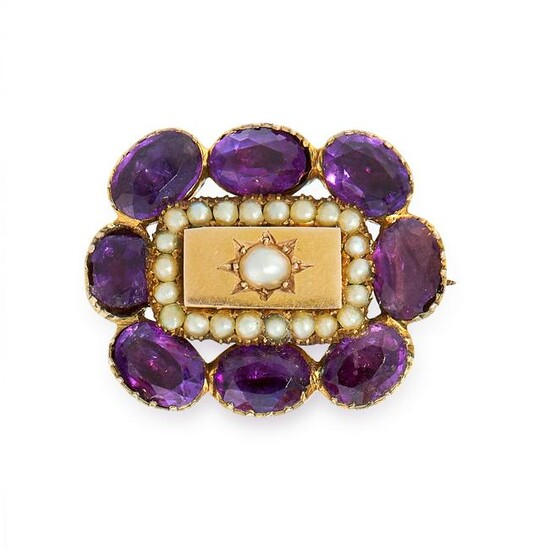 AN ANTIQUE PEARL AND AMETHYST BROOCH, 19TH CENTURY in