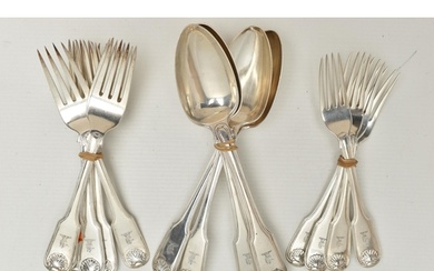 AN ASSORTMENT OF GEORGE III SILVER CUTLERY, five table spoon...