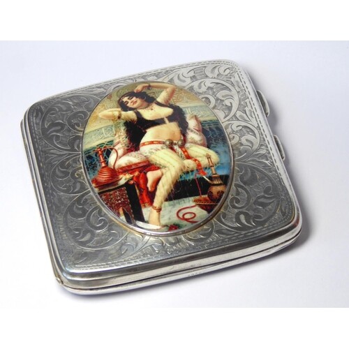 AN EARLY 20TH CENTURY SILVER AND MODERN EROTIC ENAMEL CIGARE...