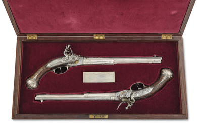 AN EXTREMELY FINE & IMPORTANT PAIR OF ITALIAN LORENZONI SYSTEM SILVER-MOUNTED BREECH-LOADING REPEATING FLINTLOCK PISTOLS BY MICHELE LORENZONI, FLORENCE, EARLY 18TH CENTURY