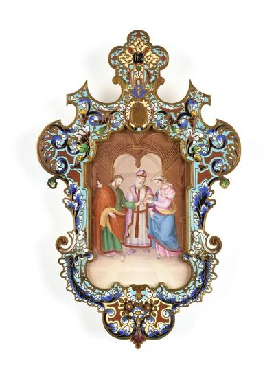 AN FRENCH ENAMELED PORCELAIN PLAQUE IN A BRONZE