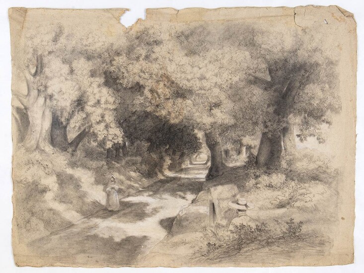 ANONYMOUS, 19th CENTURY Landscape with tree-lined avenue, painter and...