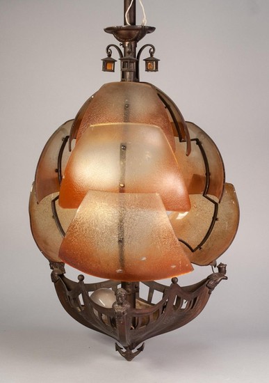 ART DECO PERIOD BRASS CEILING LIGHT FITTING in the form of t...
