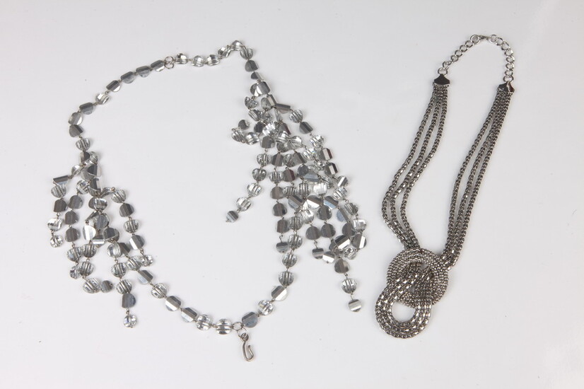 ART-DECO STYLE DOUBLE STRAND NECKLACE WITH REFLECTIVE BEADS; ONE SILVER-TONE...