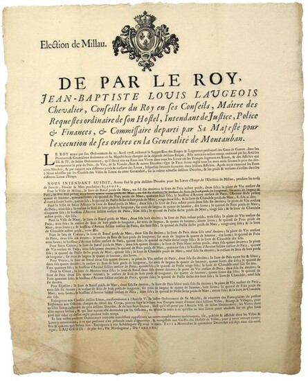 AVEYRON. 1719. ELECTION OF MILLAU (12). "By the King, Jean-Baptiste Louis LAUGEOIS, King's Counsellor, Intendant in the Generality of MONTAUBAN" "Have fixed the price of foodstuffs (Bread, Wine, Meat, Wood & others) for the Stage Places (of the People...