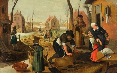 Abel Grimmer, um 1570 Antwerpen – um 1619, WINTERLICHE STADTLANDSCHAFT MIT SCHLACHTER