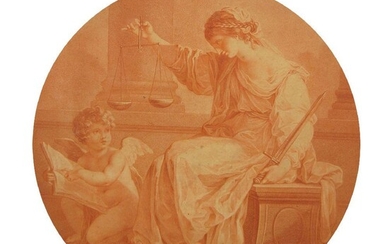 After Angelica Kauffman RA, Swiss 1741-1807- Allegorical figures; stipple engraving in sepia, tondo, 30.5 cm dia.