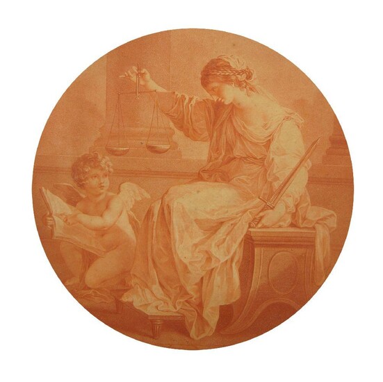 After Angelica Kauffman RA, Swiss 1741-1807- Allegorical figures; stipple engraving in sepia, tondo, 30.5 cm dia.