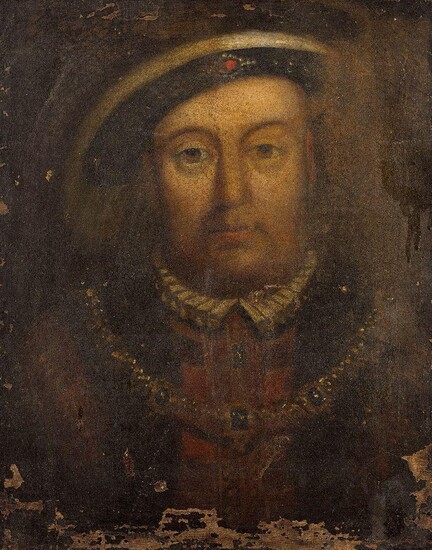 After Hans Holbein the Younger, English c.1497-1543- Portrait of Henry VIII; oil on canvas, 45.8 x 35.5 cm., (unframed). Provenance: Private Collection, UK. Note: A bust-length portrait of King Henry VIII after the lost original by Hans Holbein the...