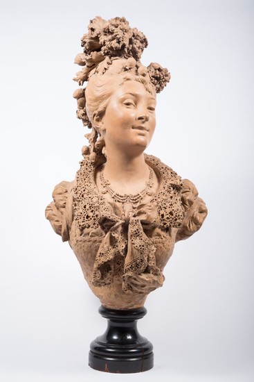 Albert-Ernest Carrier-Belleuse (French 1824-1887) Terracotta Portrait Bust of a Young Woman F1A1
