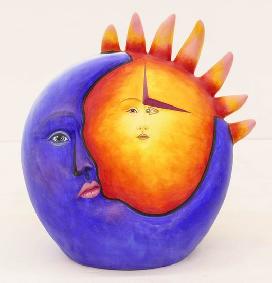 Alexander Flores Mexican Sun and Moon Ceramic Sculpture
