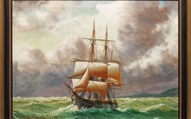 Alfred Jensen (1859 Randers - 1935 Hambourg) Deux-mâts sur une mer agitée Œuvre pleine d'ambiance...