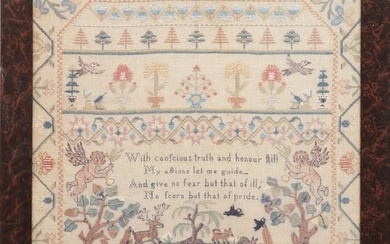 American Needlepoint Sampler Print, Sight- H.- 19 3/4 in., W.- 15 1/2 in., Framed- H.- 22 1/2 in., W